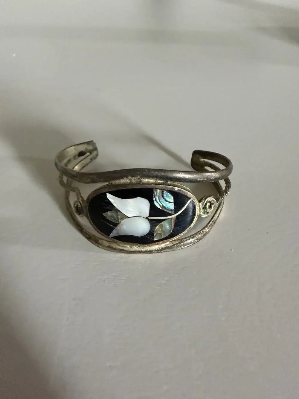 Vintage Mexico Alpaca Sterling Silver Abalone Inlay Flower Cuff Bracelet 7.9g